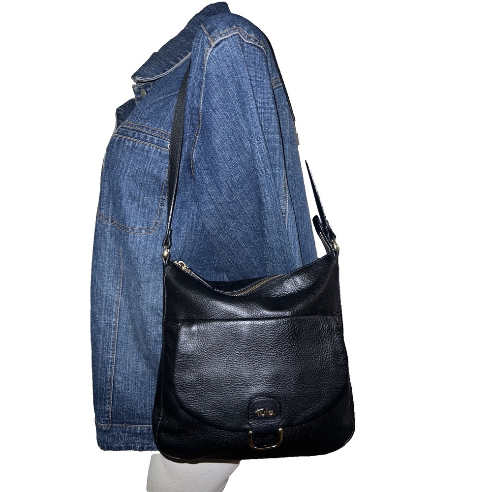 Tula Black Pebbled Leather Shoulder Bag Gold Hardware Adjustable Strap Pocket